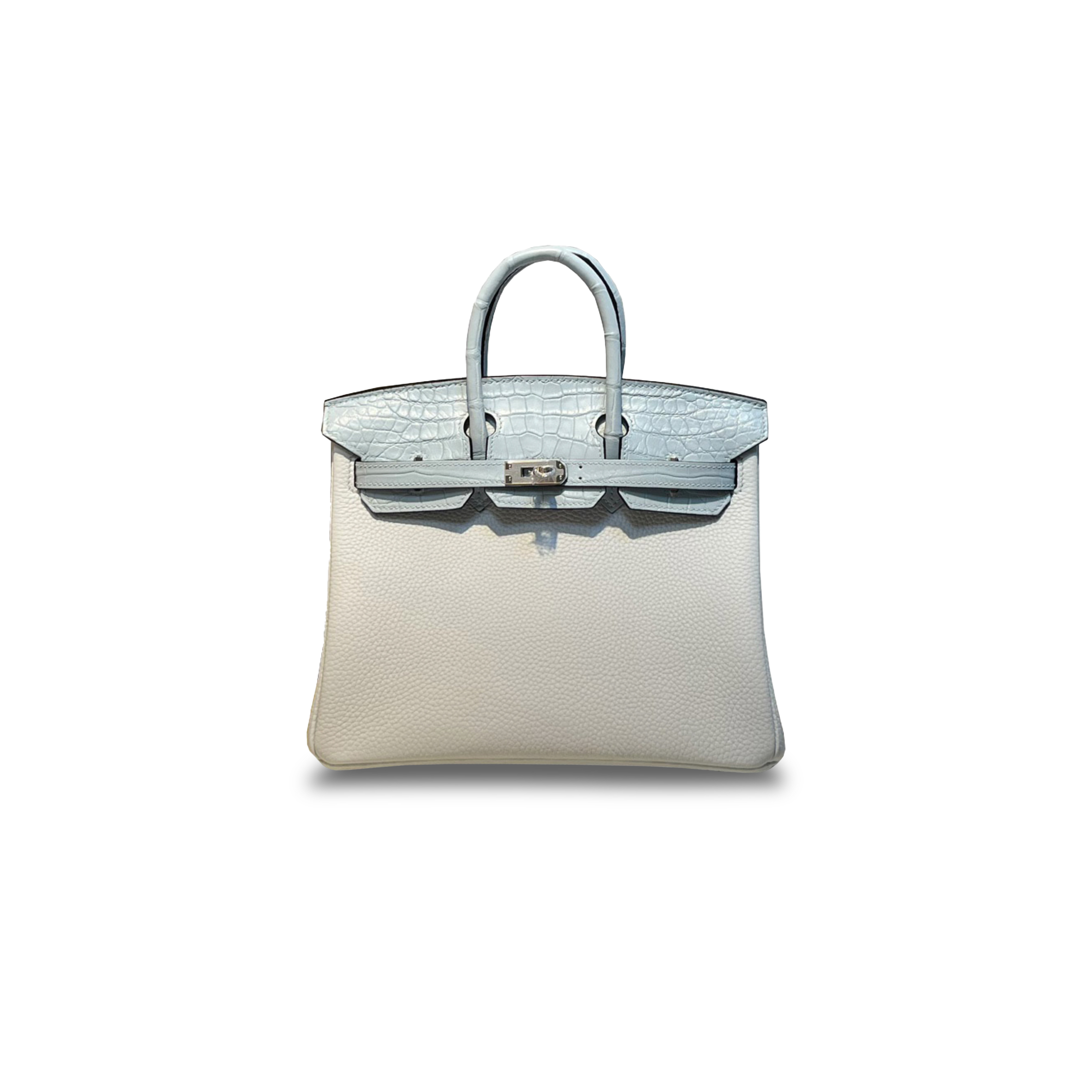 HERMÈS MASTER BIRKIN 25 CROCODILE AND TOGO LEATHER BREEZE BLUE SILVER BUCKLE H076216CK45 (25*20*13cm)